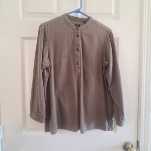 Uniqlo Collarless Long-Sleeve Shirt in Taupe 100% Cotton Flanel